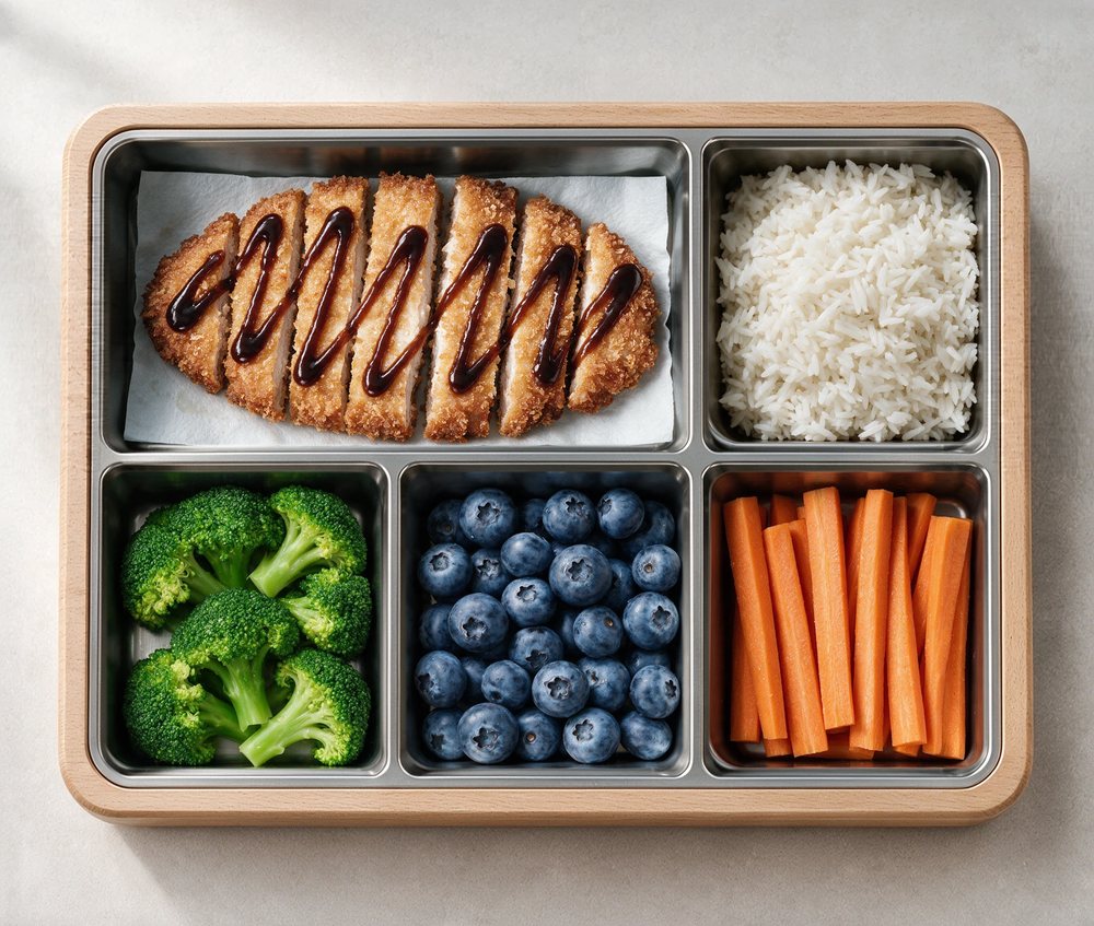 A bento lunchbox with chicken katsu, blueberries, egg, broccoli and carrot sticks in a five-well tray